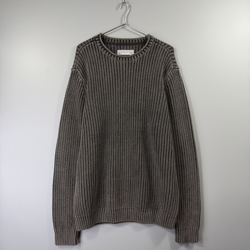 32 Bar Blues Sweater Mens XL Gray Stripe Chunky Knit Cotton Crewneck Pullover